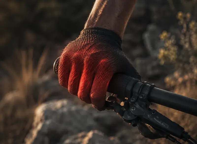 Mountain bikers numb hands - roost bike - roost bike Mountain bikers hand gripping a mountain bike handlebar and suffering from numb hands and hand pain