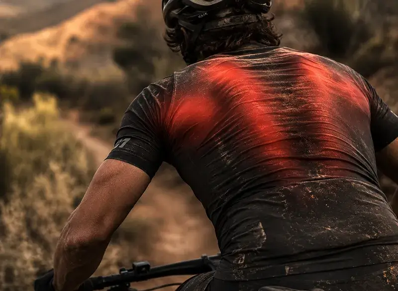 Mountain biker suffering back fatigue - roost bike - roost bike Image of a mountain bikers back while riding illustrating suffering from back pain and shoulder pain